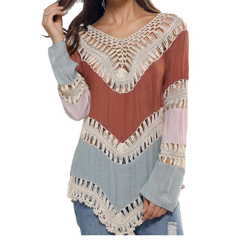 Vanbuy Women s Bohemian Crochet Shirt Tunic Tops Blouses Beach Bikini Coverup Z01-91-Orange - Image 2